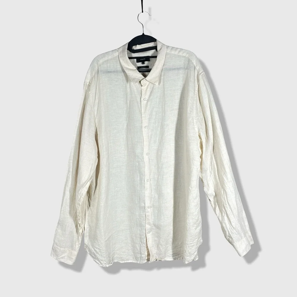 Vince Linen Button Down Shirt Mens XXL Beige Striped Coastal Minimalist